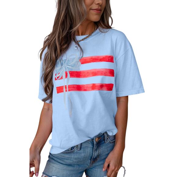 Light Blue Flag Bow Graphic Crewneck Top New Sizes S M L XL - Picture 9 of 9